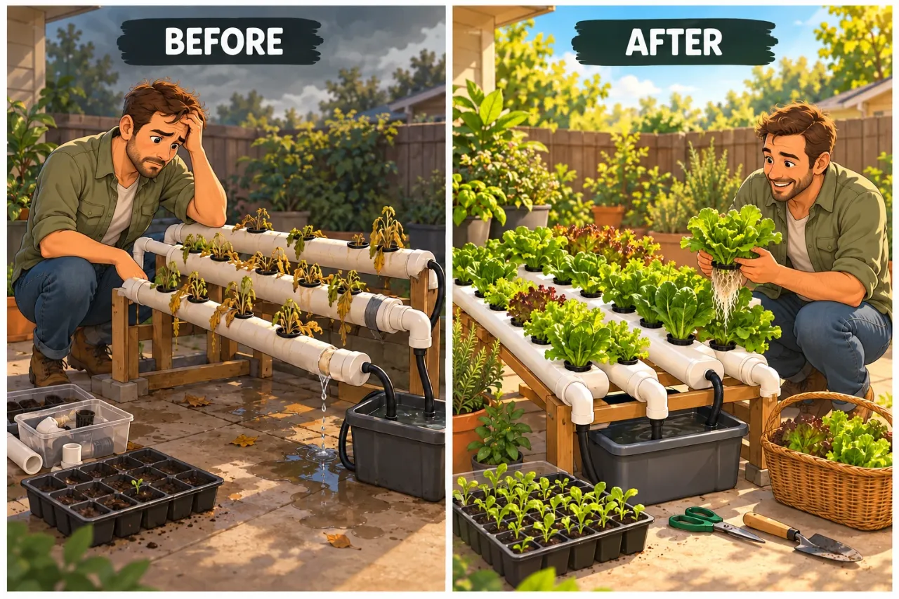 Before: a leaking system with dying plants. After: a healthy hydroponic system full of fresh lettuce